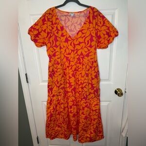 J. Crew Orange Red Tropical Flutter Sleeve Tiered Cotton Sundress Size 12 EUC